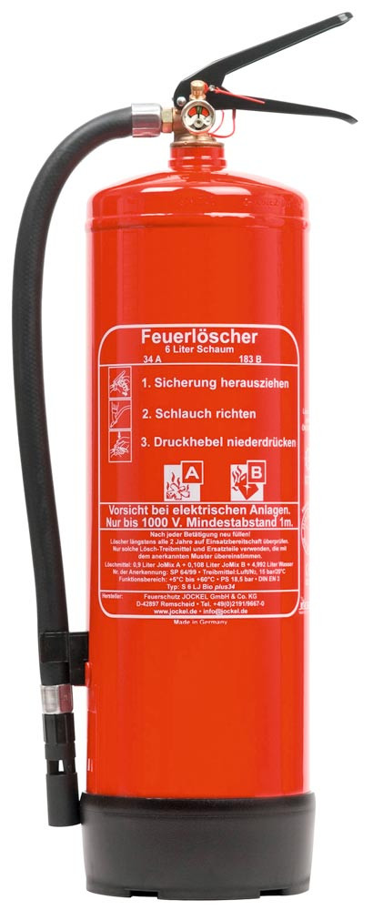 Schaum-Feuerlöscher, 9 L Vol., 12 LE, Gewicht 14,4 kg, für Brandklassen A +  B, mit Manometer, inkl . Wandhalterung - Lüttmann Shop